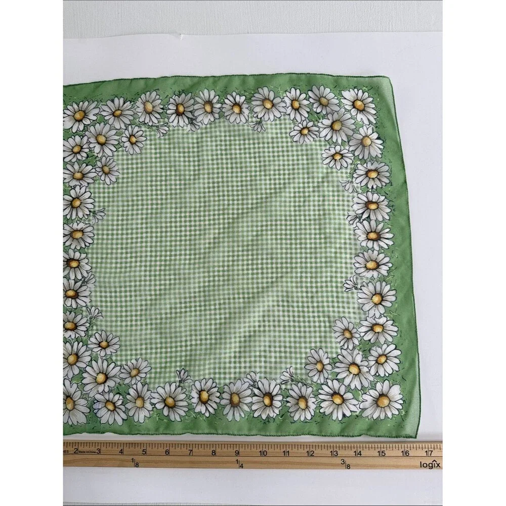 SMALL SQUARE DAISY GINGHAM SHEER SCARF GREEN YELLOW WHITE BANDANA  17